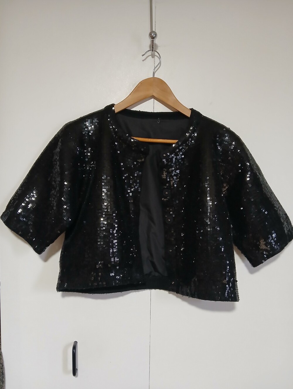 Vintage Sequin Black Knit Bolero Jacket - Wide Half Sleeve - Evening Shrug